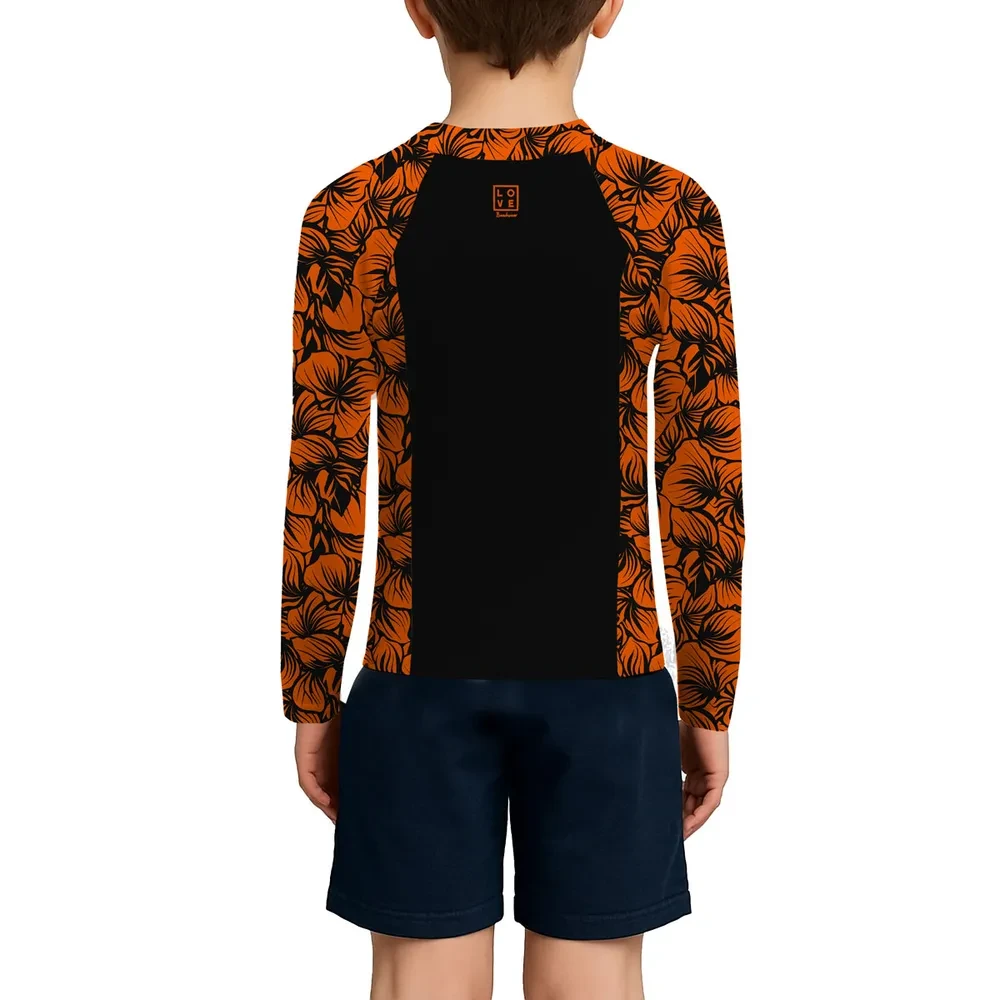 Kid's Rashguard – Hibiscus – Black/Orange